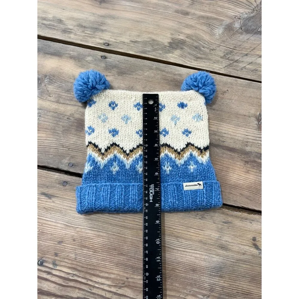 Abercrombie & Fitch Lambswool Fair Isle Pom Pom Children Beanie Hat Blue